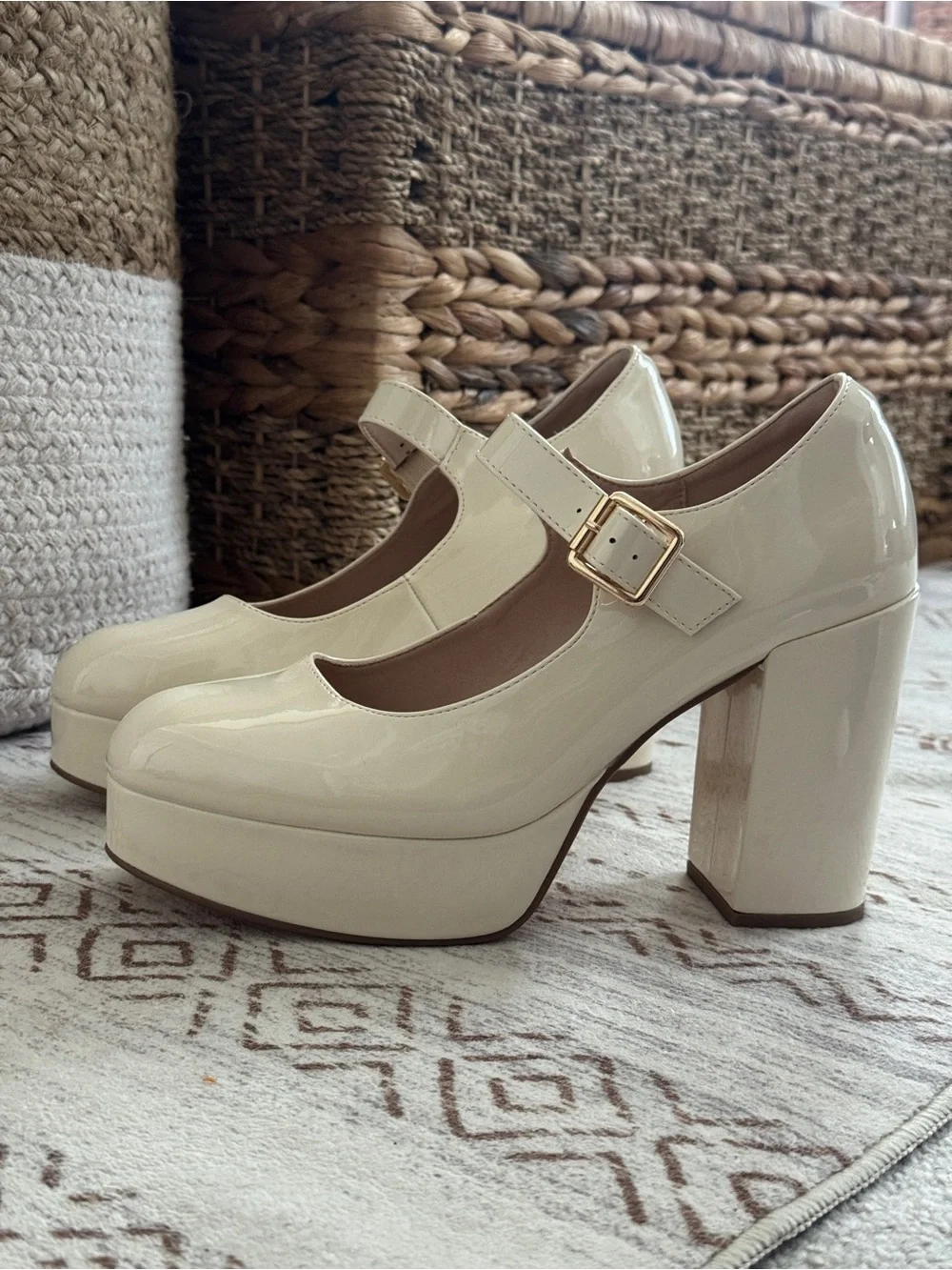 Platform Mary Jane Heels in Cream Patent with Gold Buckle